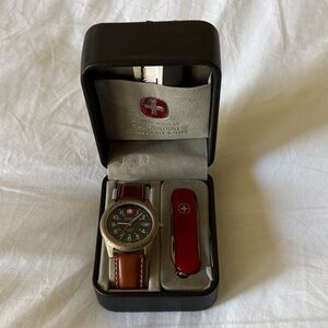 Wenger Brown Leather Watch and Red Knife Set